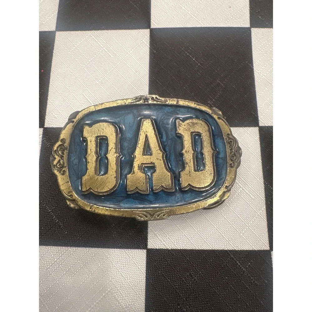 Vintage 1985 Great American Buckle Co DAD Brass Blue western Belt Buckle USA
